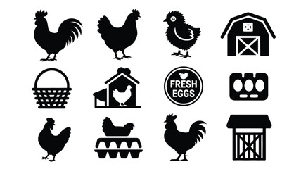 Black silhouettes of roosters hens chicks and barns with fresh eggs in cartons and baskets farm vector icons set © Tuli