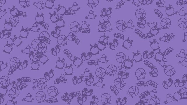 Purple illustration with drawings of apples, penguins, candy canes, and lollipops. Fun and festive design for childrens products and decorations.