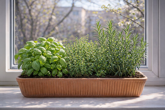 Fresh Kitchen Herbs on Sunny Windowsill - Basil, Rosemary, Thyme in Pot