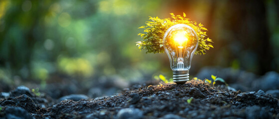 A glowing light bulb with a tree growing out of it on forest soil symbolises environmental innovation, serving as a backdrop for nature conservation projects.