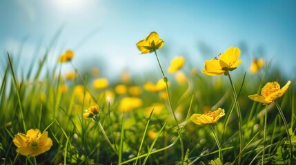 Fototapeta premium Vibrant yellow flowers under sunlight.