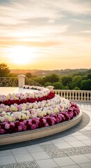 Obraz premium Elegant floral arrangement with vibrant pink red and white flowers on a terrace at sunset with a scenic landscape background