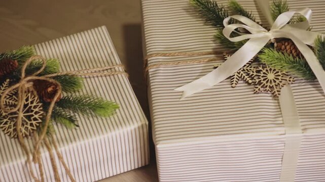 Christmas Present Boxes Wrapped With Rustic Aesthetic Natural Elements. Tracking