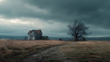 Fototapeta premium Gloomy landscape of an abandoned farm