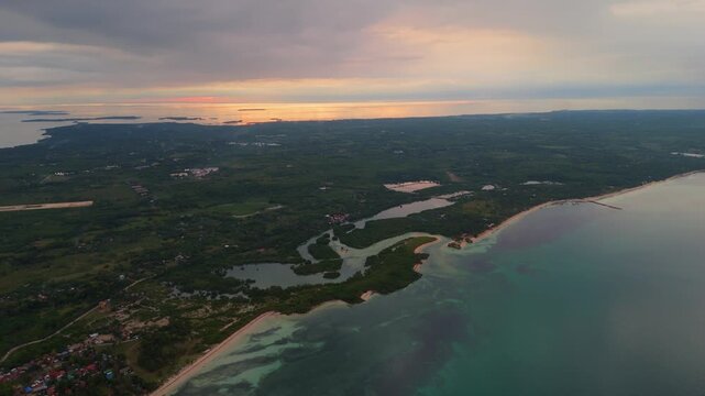 drone perspective of Bantayan Island, Philippines, during sunset , Cebu island travel destination