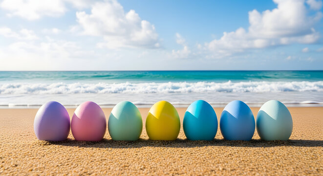 Colorful easter eggs on a sandy beach with ocean waves