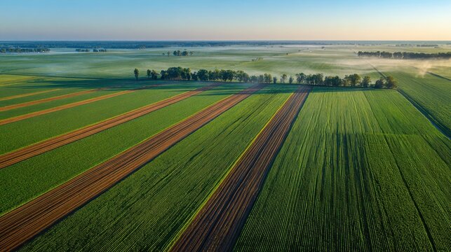 Aerial view of a field with a planter sowing corn and soybeans in alternating strips