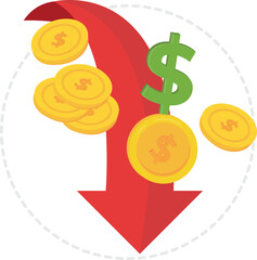 A dollar sign and coins cascade down an arrow, symbolizing financial flow or investment trends. © Flaticons