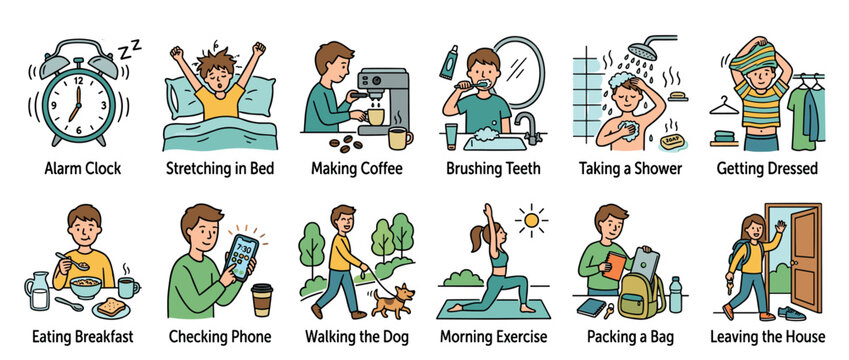 Morning routine activities, daily habits, and personal care tasks illustrated in a comprehensive sequence for a productive start to the day.