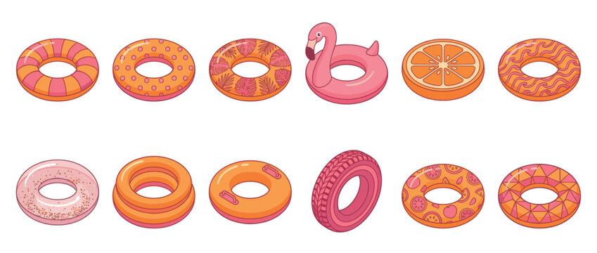 Collection of colorful inflatable swimming rings and pool floats with various patterns and shapes for summer fun and water activities.