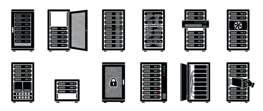 Server racks and data center equipment icons illustrating various network infrastructure components and configurations for modern computing systems.