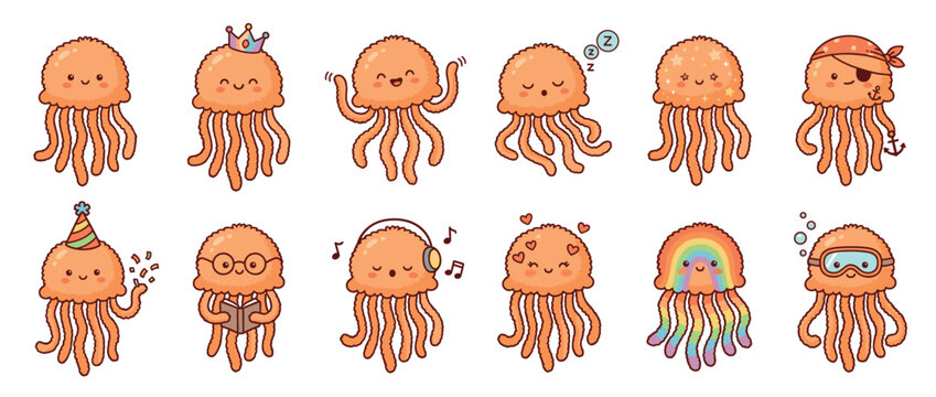 Cute jellyfish characters with various expressions and accessories illustrate a range of emotions and activities in a charming cartoon style.