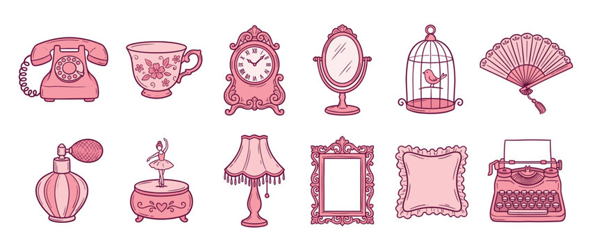 Collection of charming pink vintage objects and retro feminine items, hand-drawn in a doodle style, perfect for nostalgic designs.