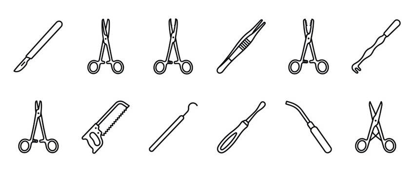 Surgical instruments vector icon set featuring various medical tools like scalpels, forceps, saws, and retractors for healthcare design.