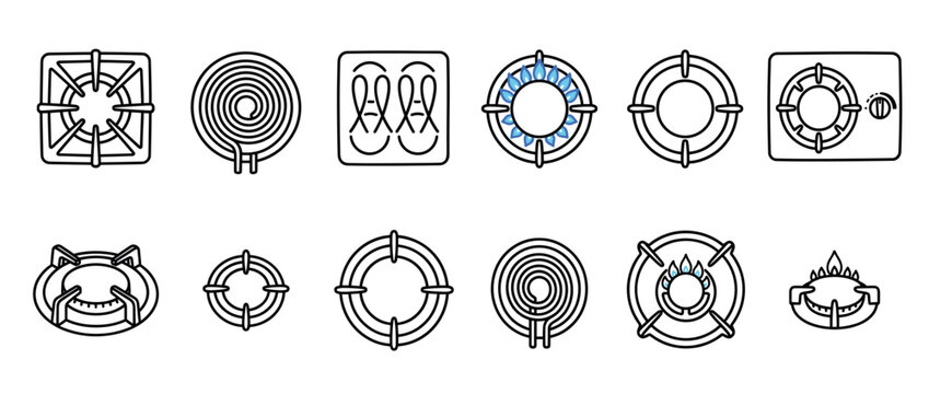 Collection of kitchen stove burner and cooktop icons showing different types of cooking surfaces and heating elements.