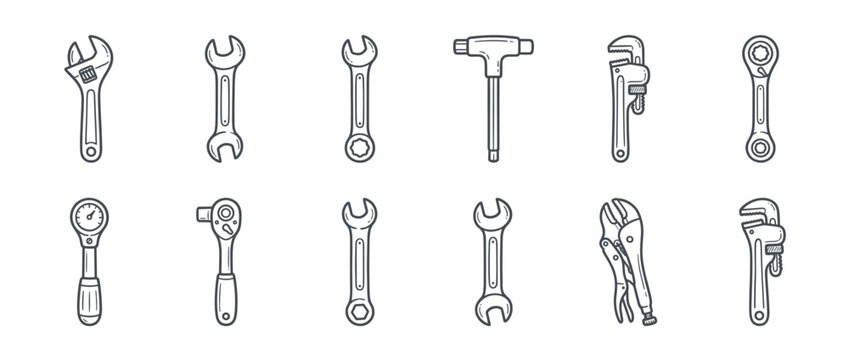 Collection of various hand tools including wrenches, ratchets, and pliers in a clean outline style.
