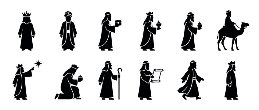 Three Wise Men silhouettes in various poses, carrying gifts and following the star, representing the Epiphany story.