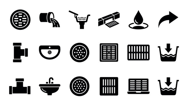 Plumbing and drainage system icons collection illustrating various elements like pipes, grates, sinks, and water flow in a clean, modern style.