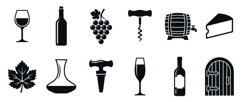 Collection of wine icons featuring grapes, bottles, glasses, barrels, corkscrews, cheese, and other related elements for beverage and vineyard themes.