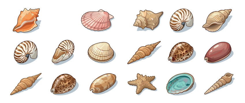 Seashells and starfish collection featuring various types of marine mollusk shells and an echinoderm in a colorful cartoon illustration.