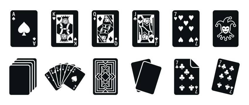 Playing cards icon set featuring various card faces, suits, and card backs for casino games and gambling concepts.