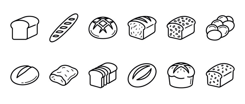 Bread icons collection featuring various types of baked goods like loaves, baguettes, rolls, and sliced bread in a simple outline style.
