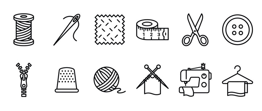 Sewing and knitting tools outline icons set featuring various craft supplies like thread, needles, scissors, and a sewing machine for textile projects.