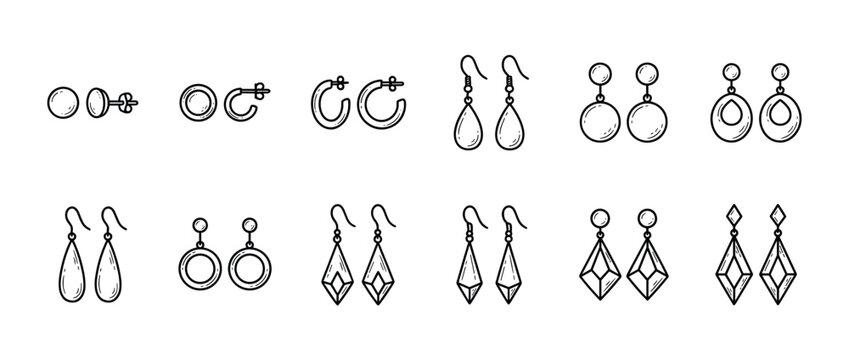 Earrings types collection line art featuring various styles like studs, hoops, and dangle designs, perfect for jewelry and fashion concepts.