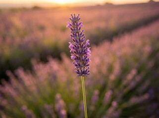 Fototapeta premium Single Purple Lavender Stem Blooming in Field Landscape