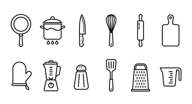 Kitchen utensils and cooking equipment line icons set representing various tools for food preparation and culinary activities.