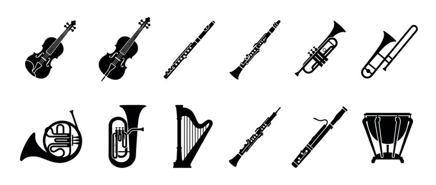 Orchestral musical instruments collection featuring various woodwind, brass, string, and percussion instruments in black silhouette icons.