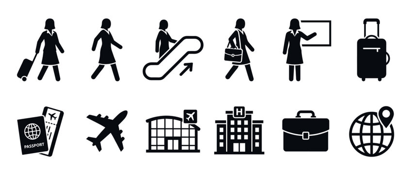 Business travel icons set featuring female traveler, airport, hotel, and global journey elements for corporate trips and tourism.