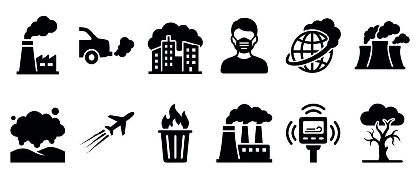 Pollution icons, environmental problems, and climate change symbols illustrating industrial emissions, air quality, and global warming effects.