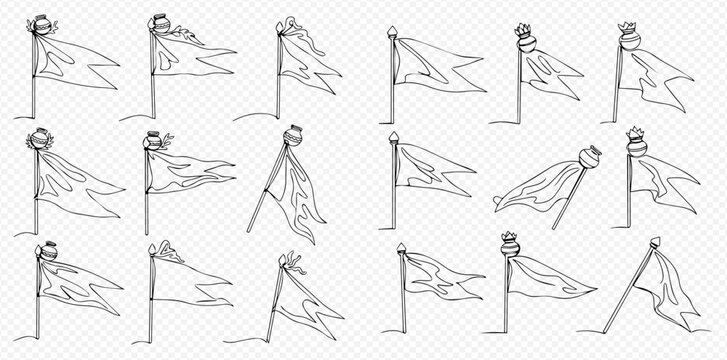 Set of hand-drawn flags and banners in various shapes and movements, isolated on a transparent background.