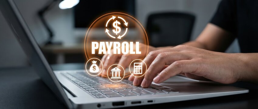 Payroll management system implementation office setting digital interaction professional environment close-up view financial efficiency