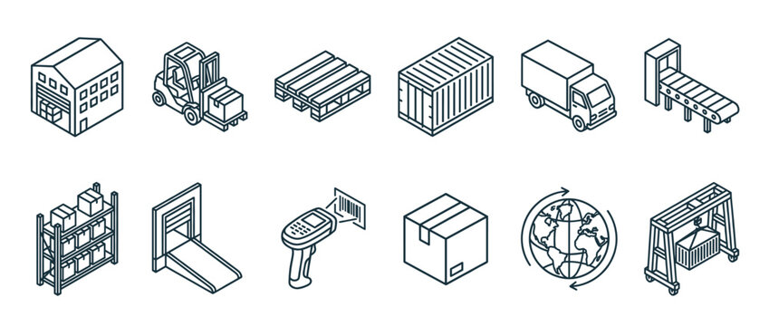 Logistics and shipping isometric line icons set depicting various elements of supply chain, transportation, and warehouse operations.
