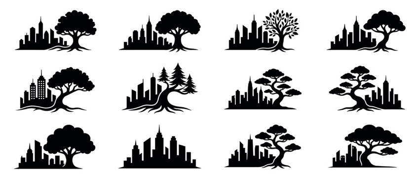 City skyline tree silhouette icons collection representing urban nature, green city concepts, and environmental harmony in a modern graphic design.