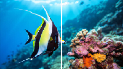 Fototapeta premium Comparing resolution showing a pixelated low landscape next to clear resolution version of Black and yellow striped moorish idol fish and vibrant coral