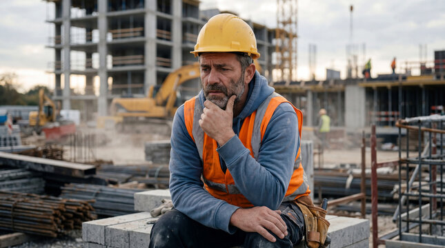 Construction worker worker builder engineer foreman man male middle aged hardhat safety vest sit on block look worried at construction site with heavy machine and unfinished building behind