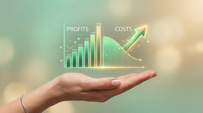 Profit growth cost reduction business finance financial chart rising bar cost curve success concept digital hologram hand palm slight angle with profit growth over hand palm and cost curve below