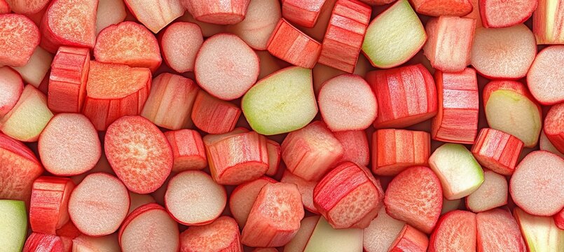Vibrant Rhubarb Rounds On A Wooden Board, Freshly Sliced, Perfect For Culinary Creations And Decor