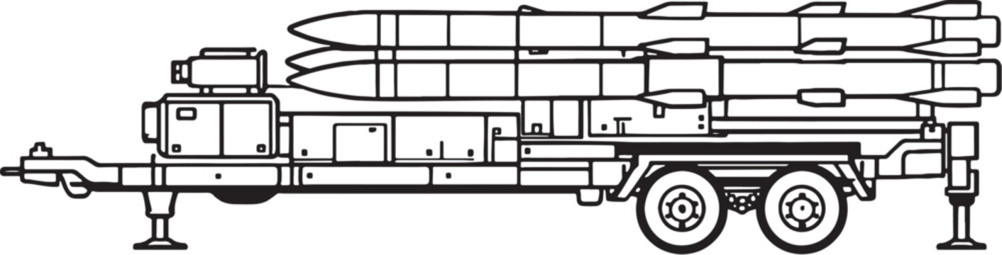 Surface to Surface Missile System Vector Line Art Military Rocket Launcher Platform Side View