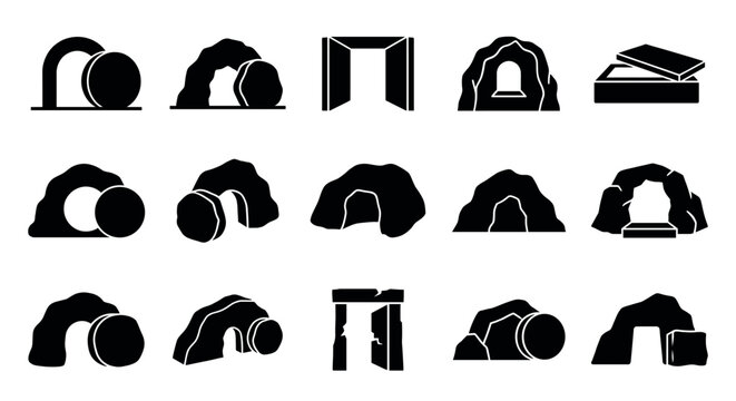 Empty tomb cave icons set depicting various ancient burial sites and entrances with rolling stones, symbolizing resurrection and new beginnings.