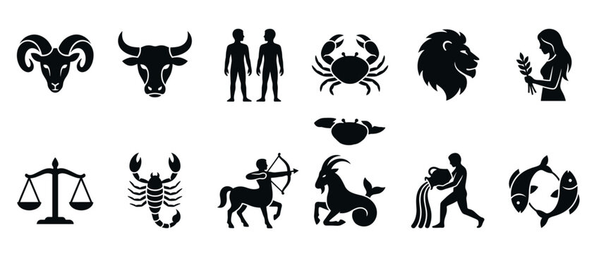 Zodiac signs icons collection featuring all twelve astrological symbols for horoscope, fortune telling, and celestial themes.