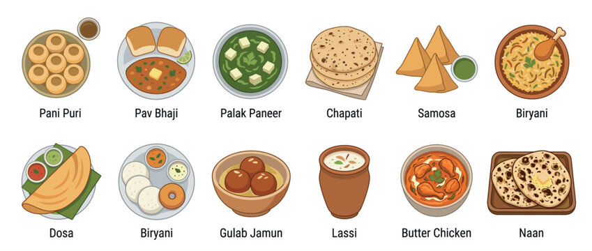 Traditional Indian food dishes and snacks are presented as a collection of popular cuisine items in a colorful illustration.