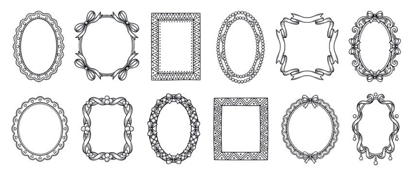 Collection of elegant vintage doodle frames with various shapes and ornate embellishments like bows, ribbons, pearls, and lace for design projects.