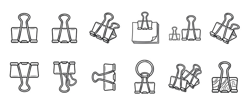 Assortment of black outline binder clips in different positions, perfect for organizing documents and stationery.