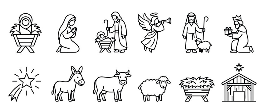 Collection of black line art Nativity scene icons depicting biblical figures, animals, and elements of the Christmas story celebration.