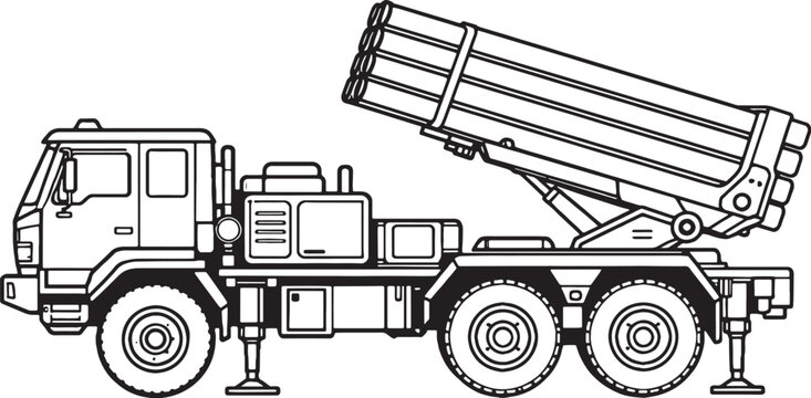 Multiple Launch Rocket System Vector Line Art MLRS Military Rocket Launcher Vehicle Side View