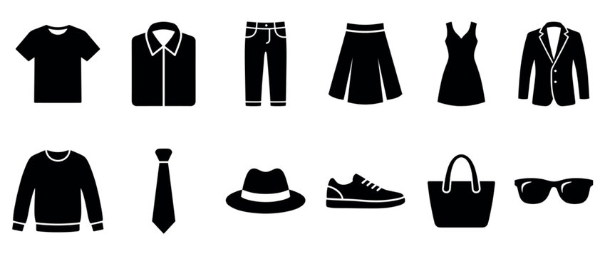 Clothing and accessories icons set featuring various fashion items like shirts, pants, dresses, and shoes, representing a diverse wardrobe collection.